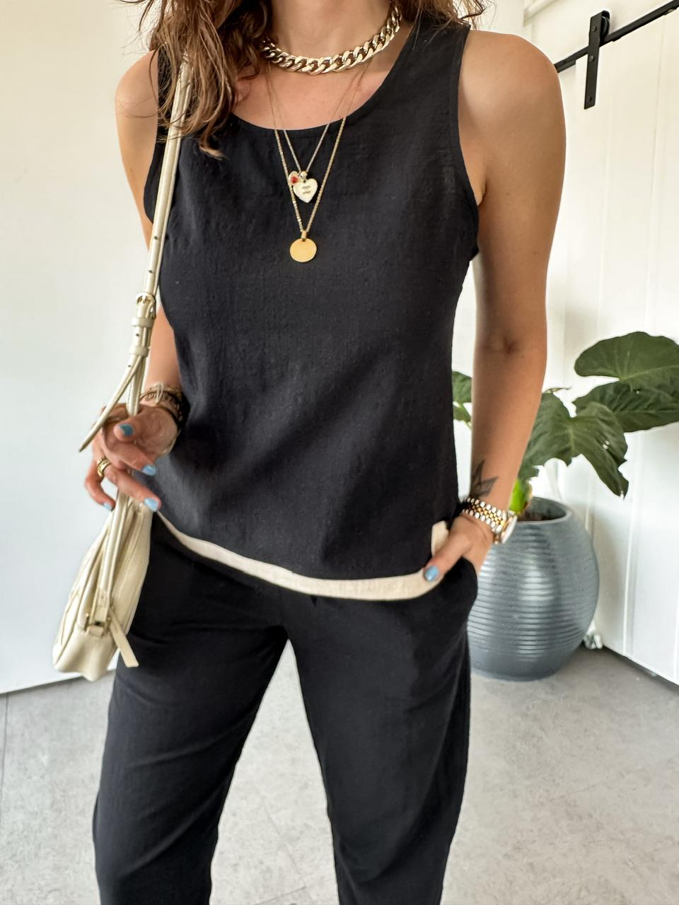 Siyah Naturel Bluz Pantolon Takım