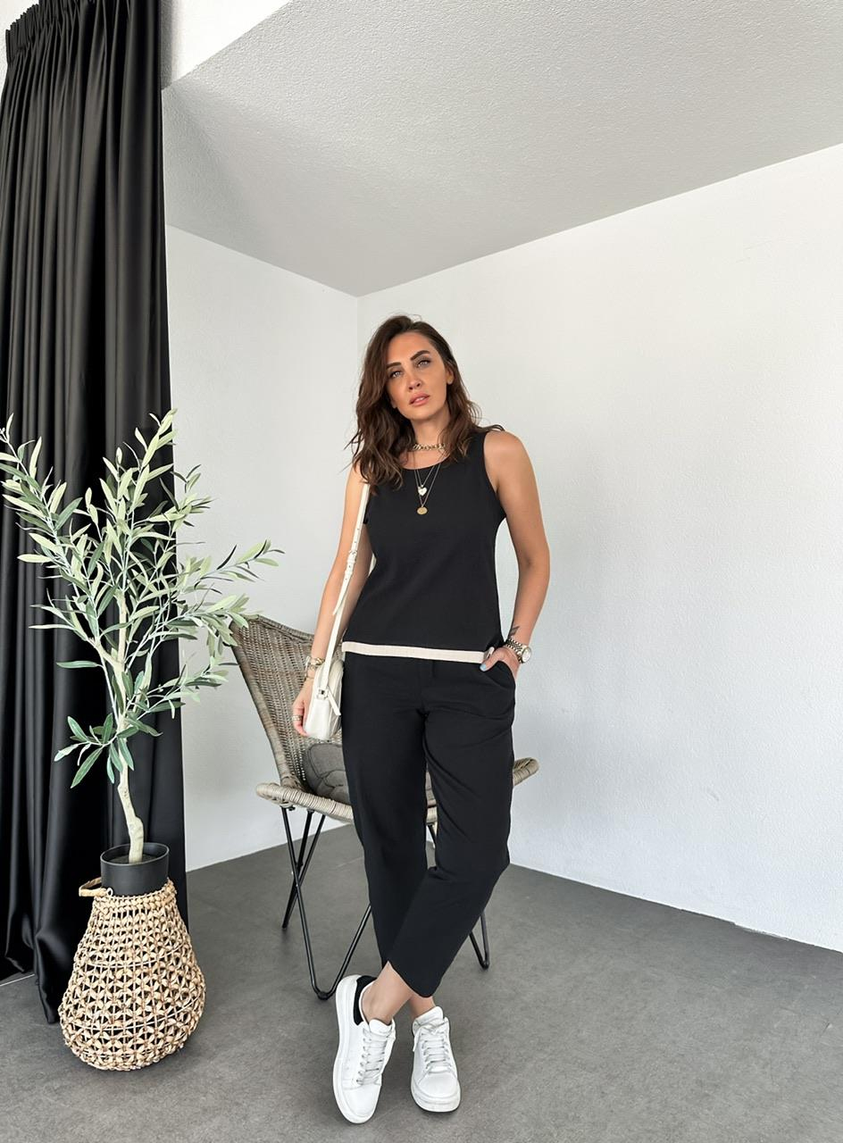 Siyah Naturel Bluz Pantolon Takım