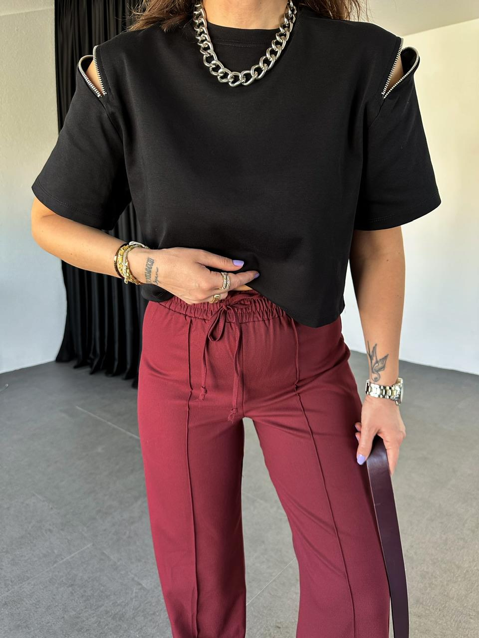 Siyah Omuzları Fermuarlı Cotton Tshirt