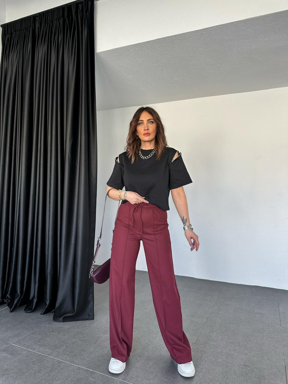 Siyah Omuzları Fermuarlı Cotton Tshirt