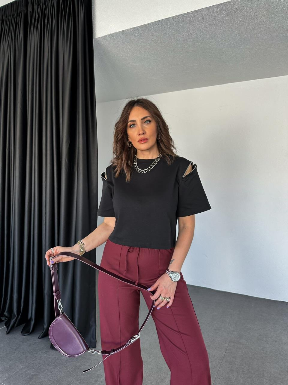 Siyah Omuzları Fermuarlı Cotton Tshirt