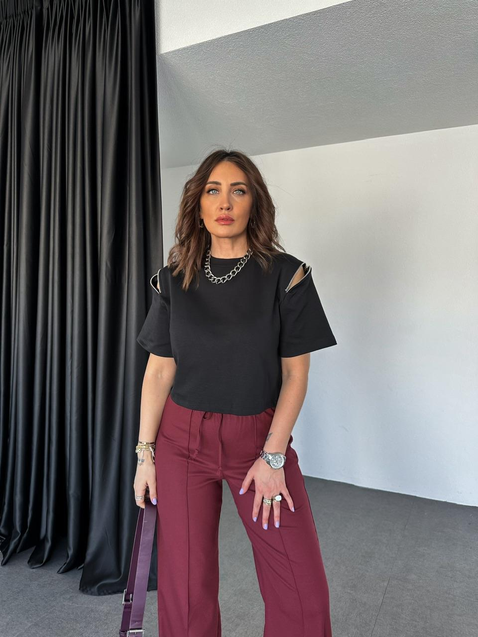 Siyah Omuzları Fermuarlı Cotton Tshirt