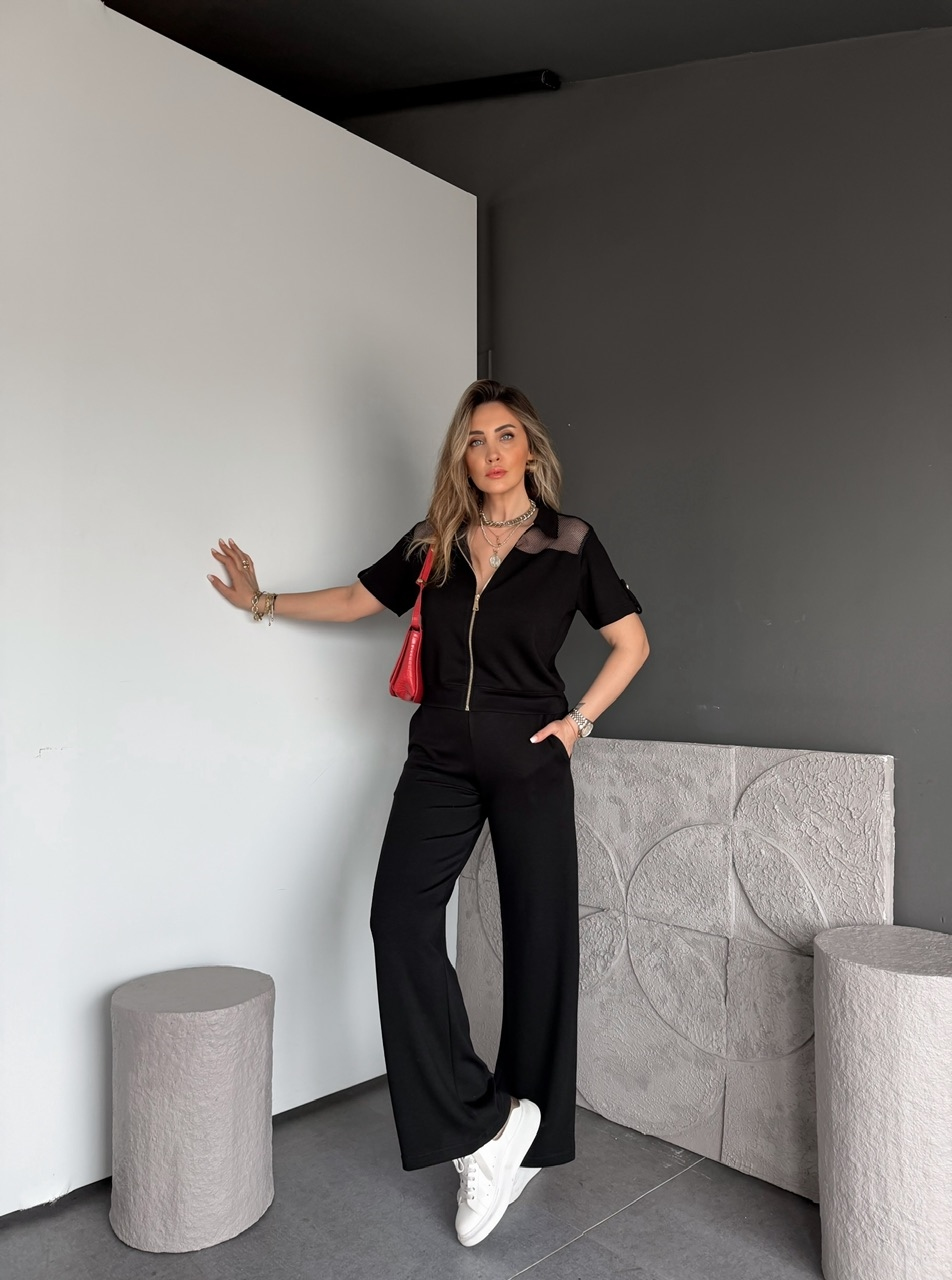 Siyah Omuzları Fileli Modal Takım