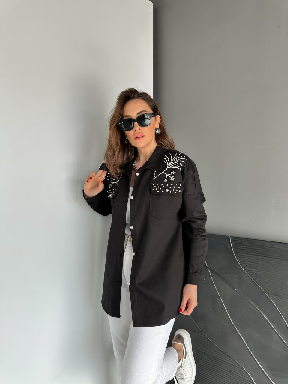 Siyah Omuzları İnci Ve Taşlı Ceket