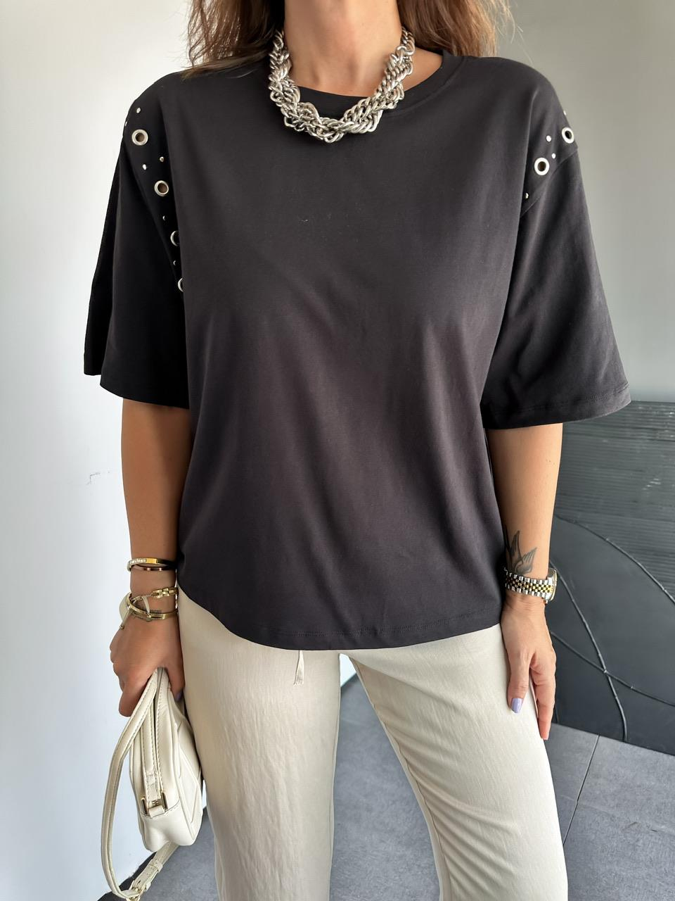 Siyah Omuzları Kuş Gözü Tshirt