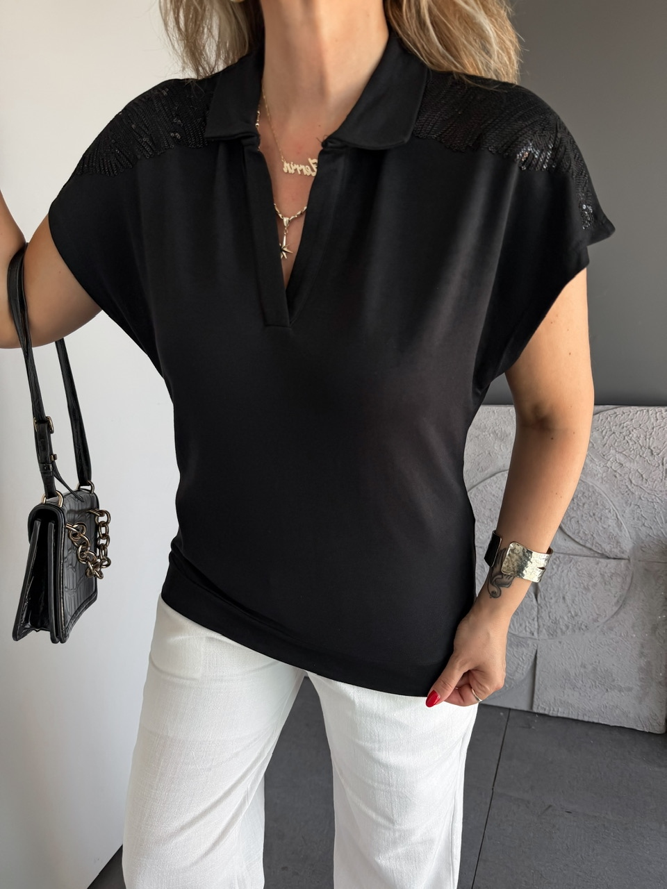 Siyah Omuzları Payetli Marka Modal Tshirt