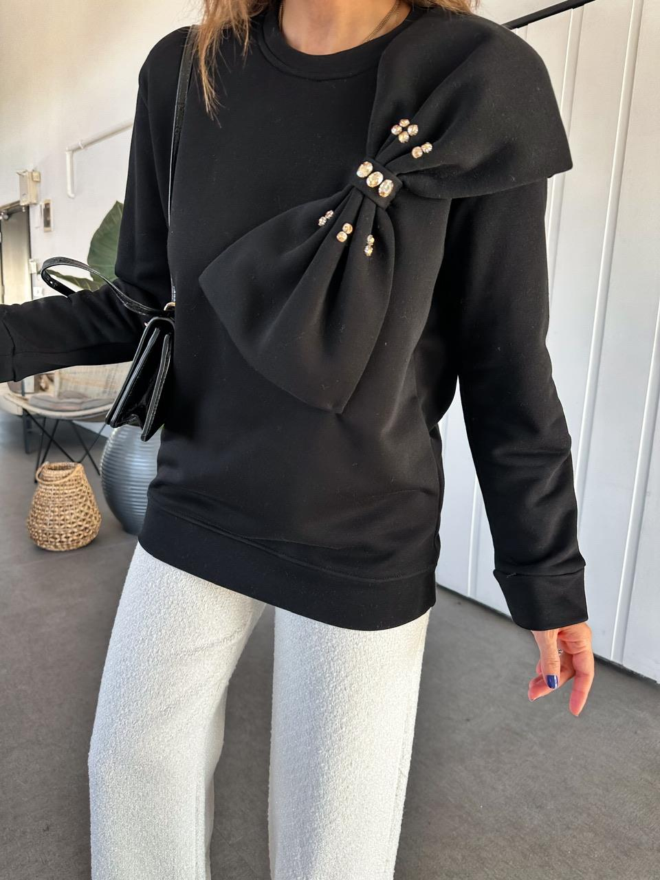 Siyah Papyon Aksesuarlı Sweatshirt