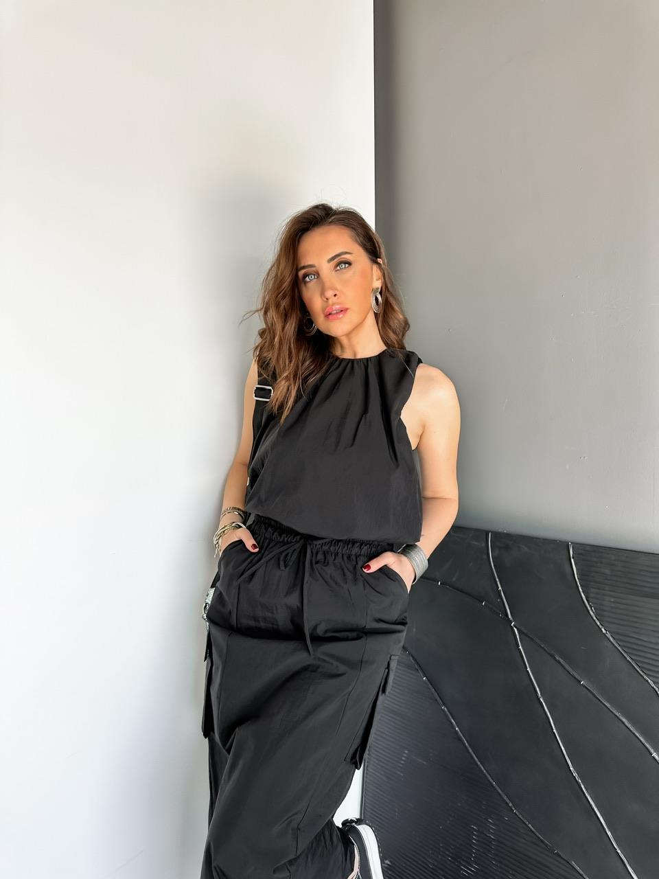 Siyah Paraşüt Kargo Cepli Etekli Takım