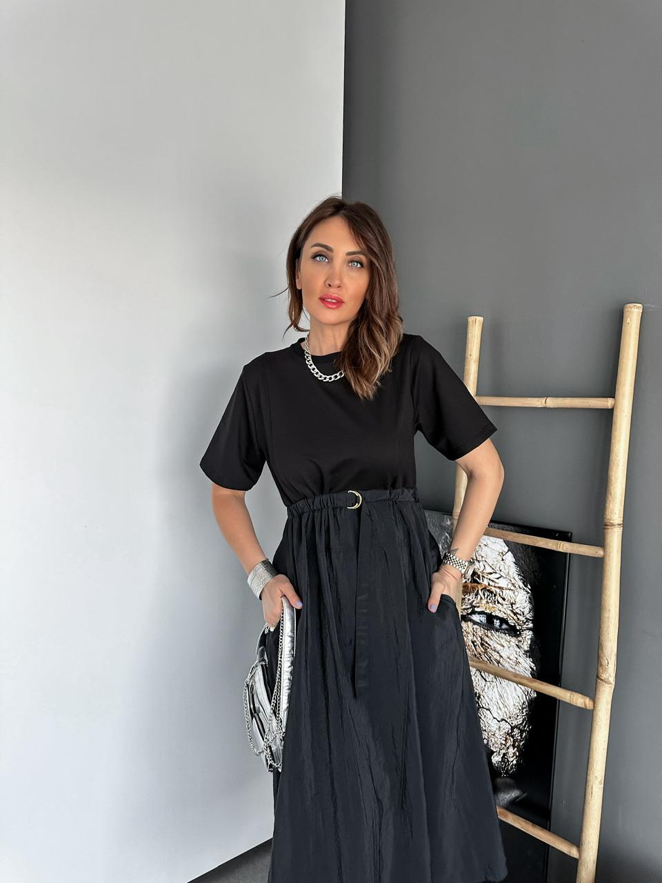 Siyah Paraşüt Mix Kumaş Elbise