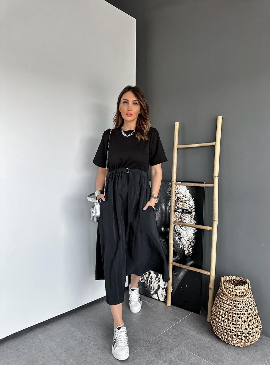 Siyah Paraşüt Mix Kumaş Elbise