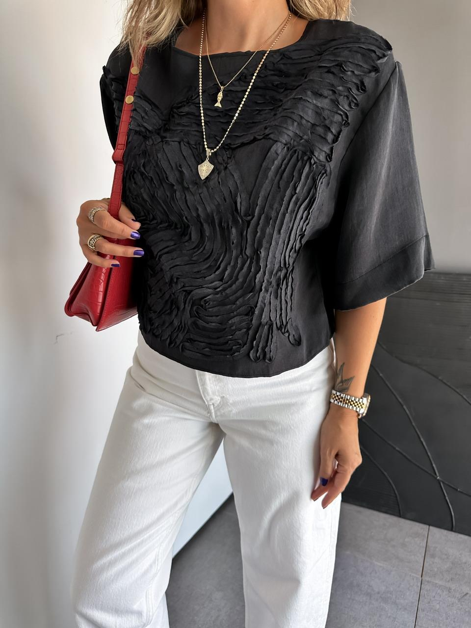 Siyah Parça Dikişli Tasarım Soft Bluz