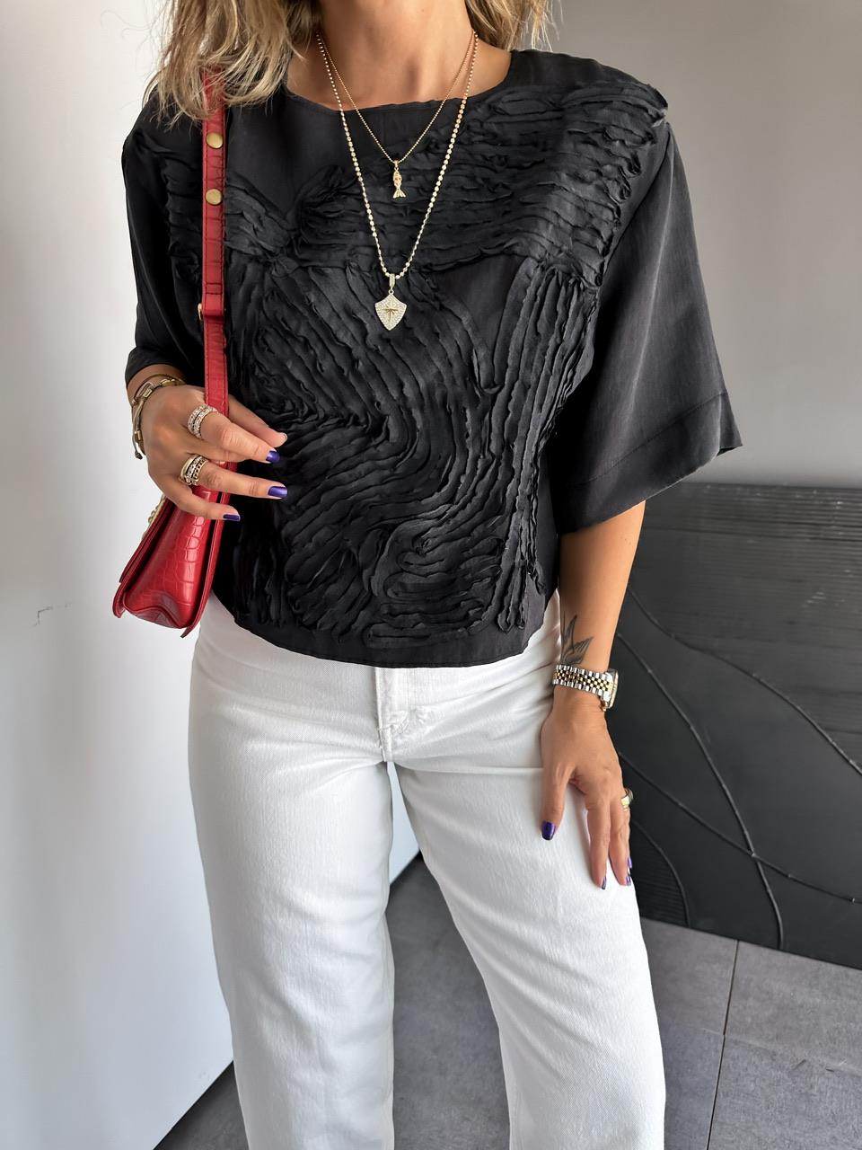 Siyah Parça Dikişli Tasarım Soft Bluz