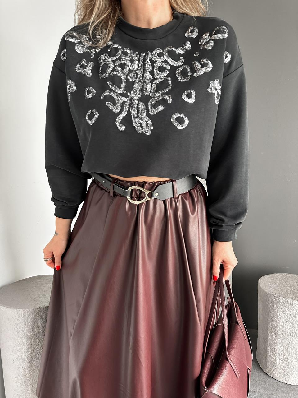 Siyah Payet İşlemeli Modal Sweatshirt