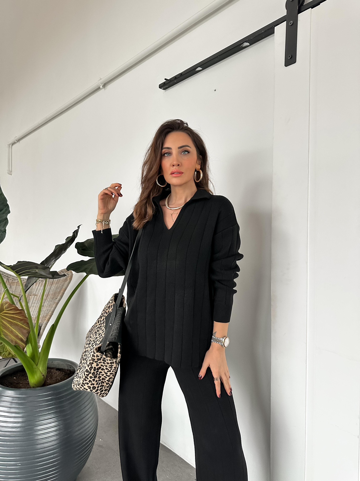Siyah Polo Yaka Çizgi Dokulu Triko Takım