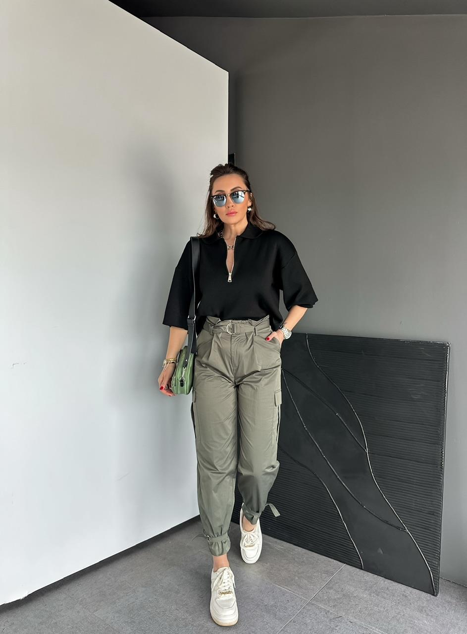 Siyah Polo Yaka Fermuarlı Basic Triko Kazak
