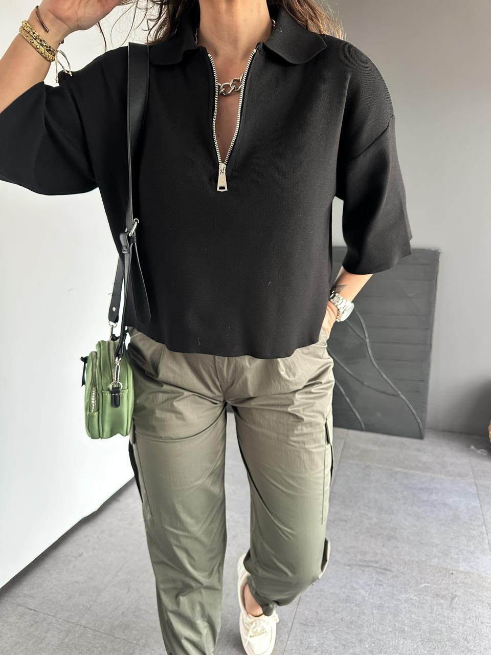 Siyah Polo Yaka Fermuarlı Basic Triko Kazak