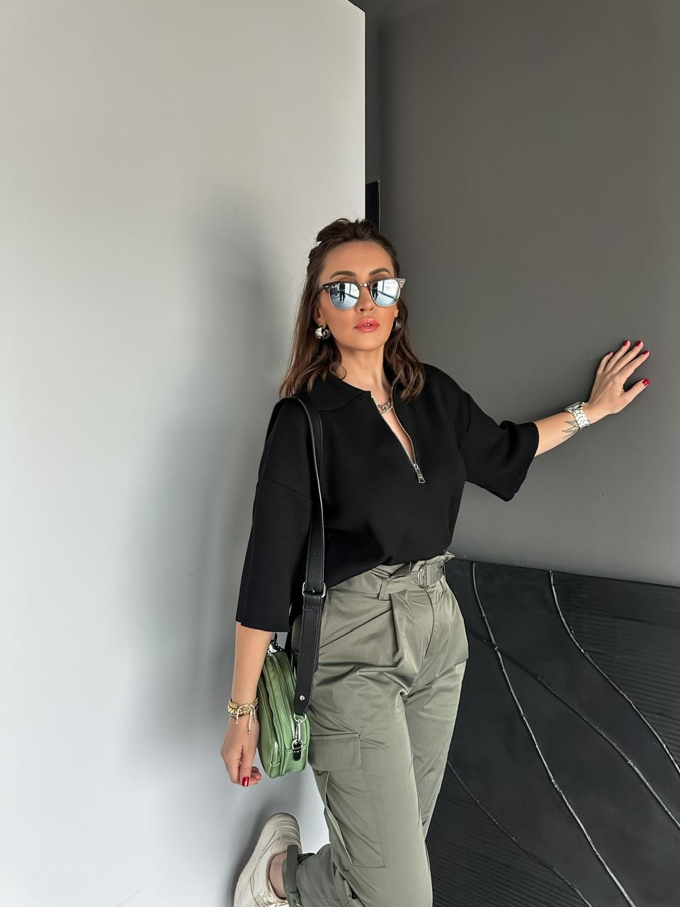 Siyah Polo Yaka Fermuarlı Basic Triko Kazak