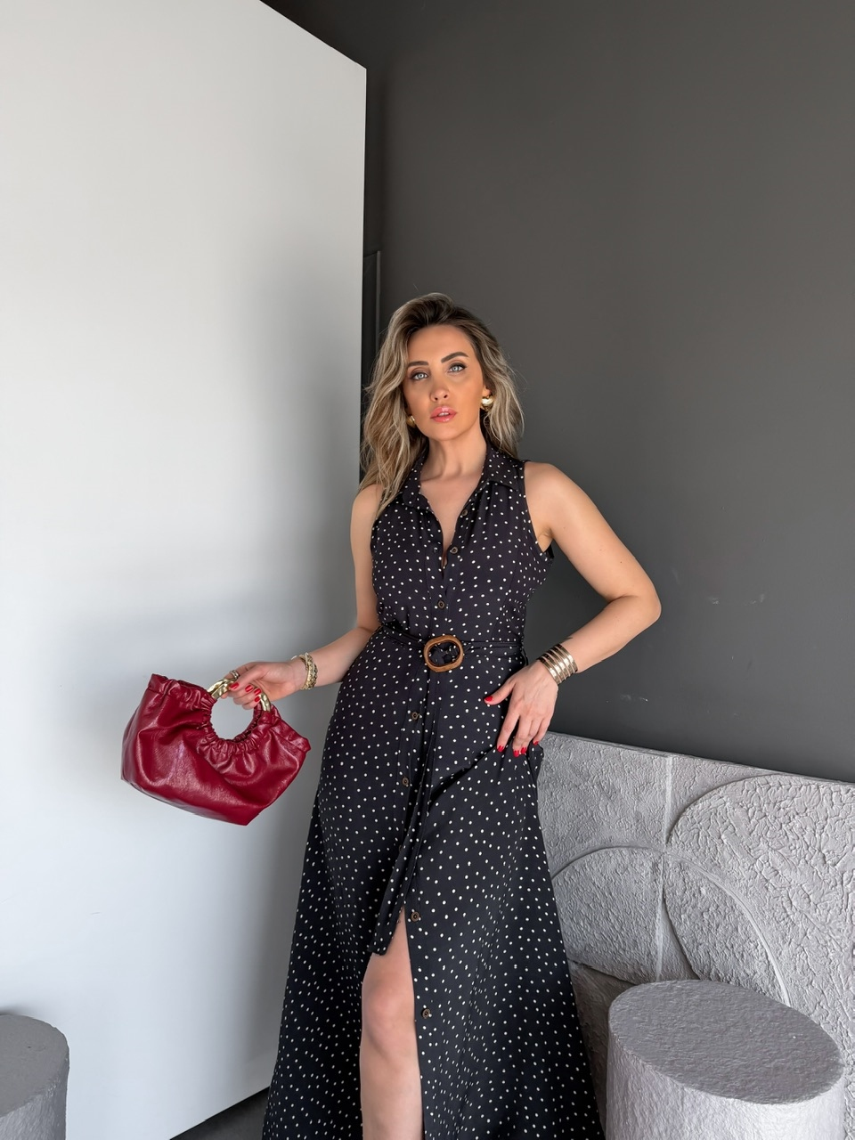 Siyah Puantiyeli Kemerli Maxi Elbise