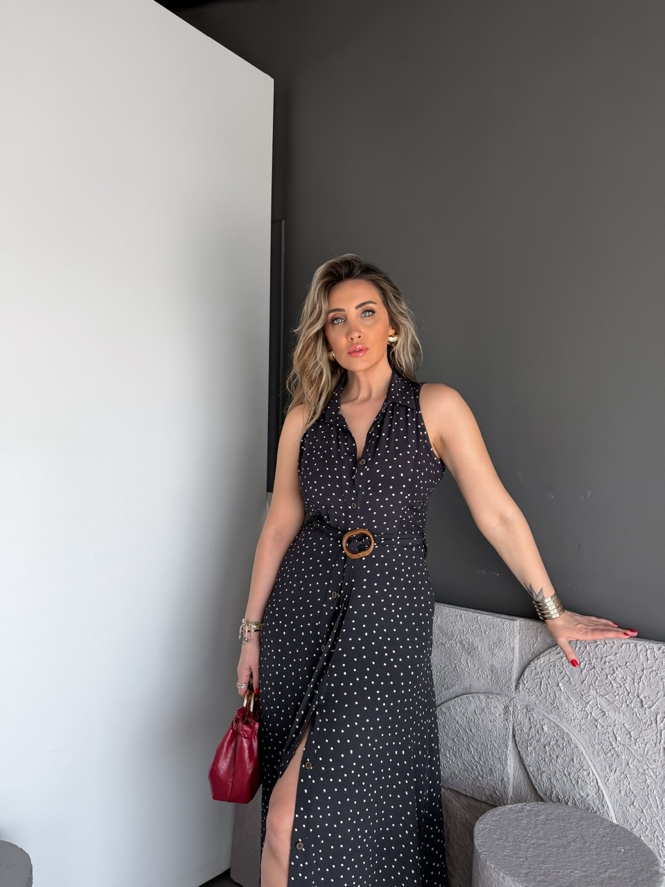 Siyah Puantiyeli Kemerli Maxi Elbise