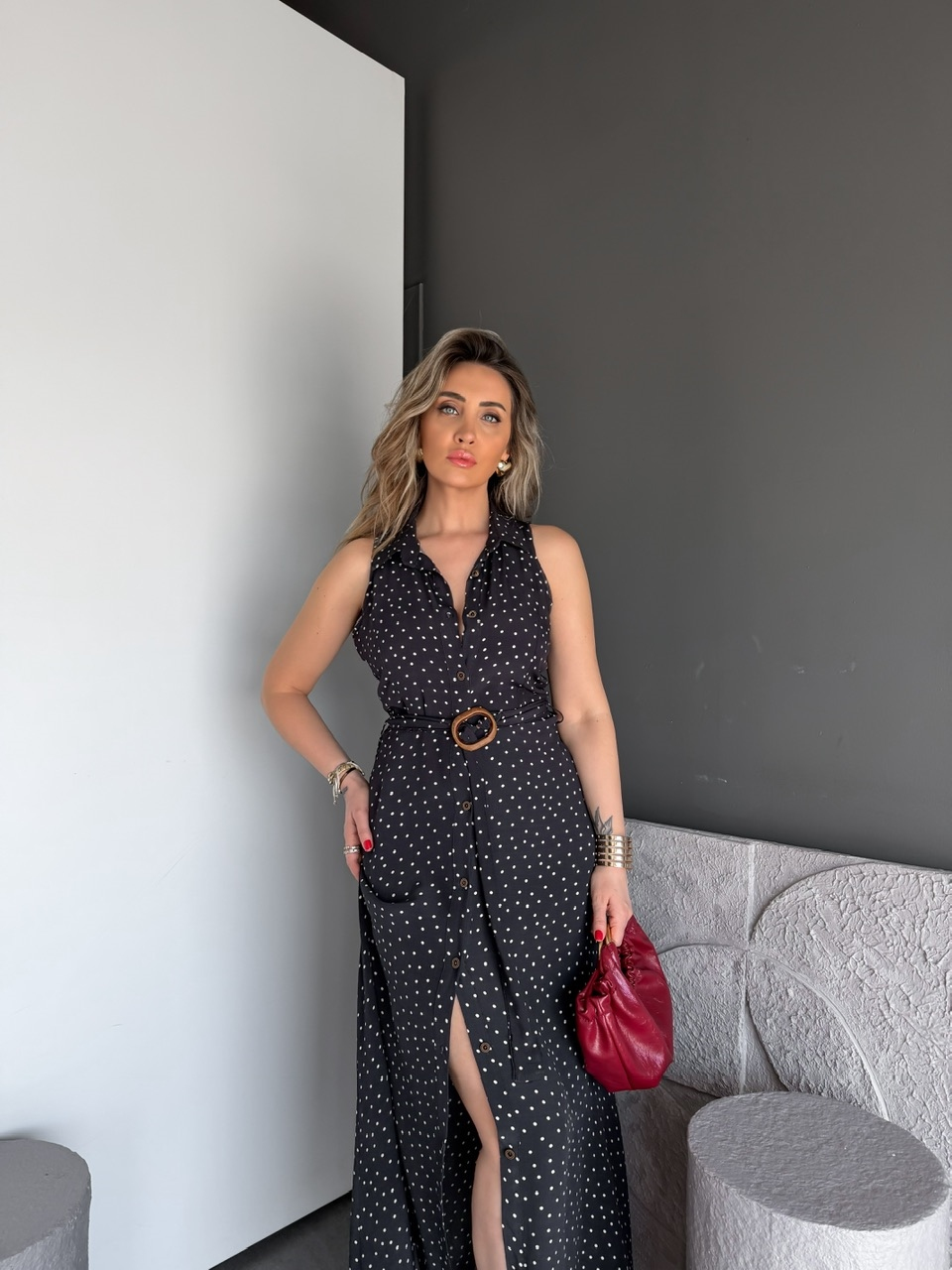 Siyah Puantiyeli Kemerli Maxi Elbise