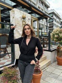 Siyah Saten Lastik Detaylı Bluz