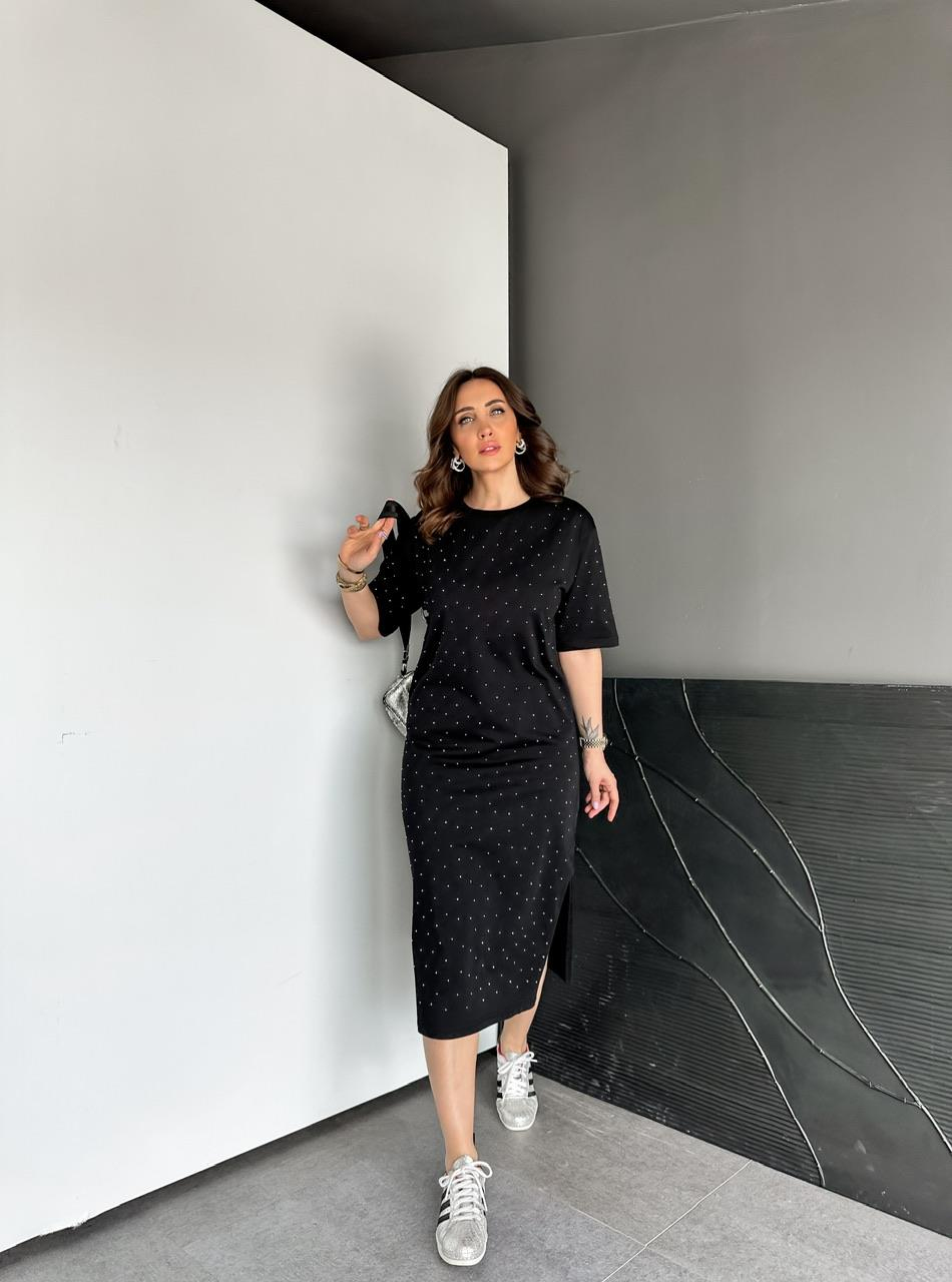 Siyah Serpme Taşlı Cotton Elbise