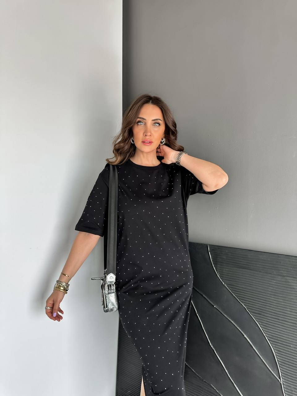 Siyah Serpme Taşlı Cotton Elbise