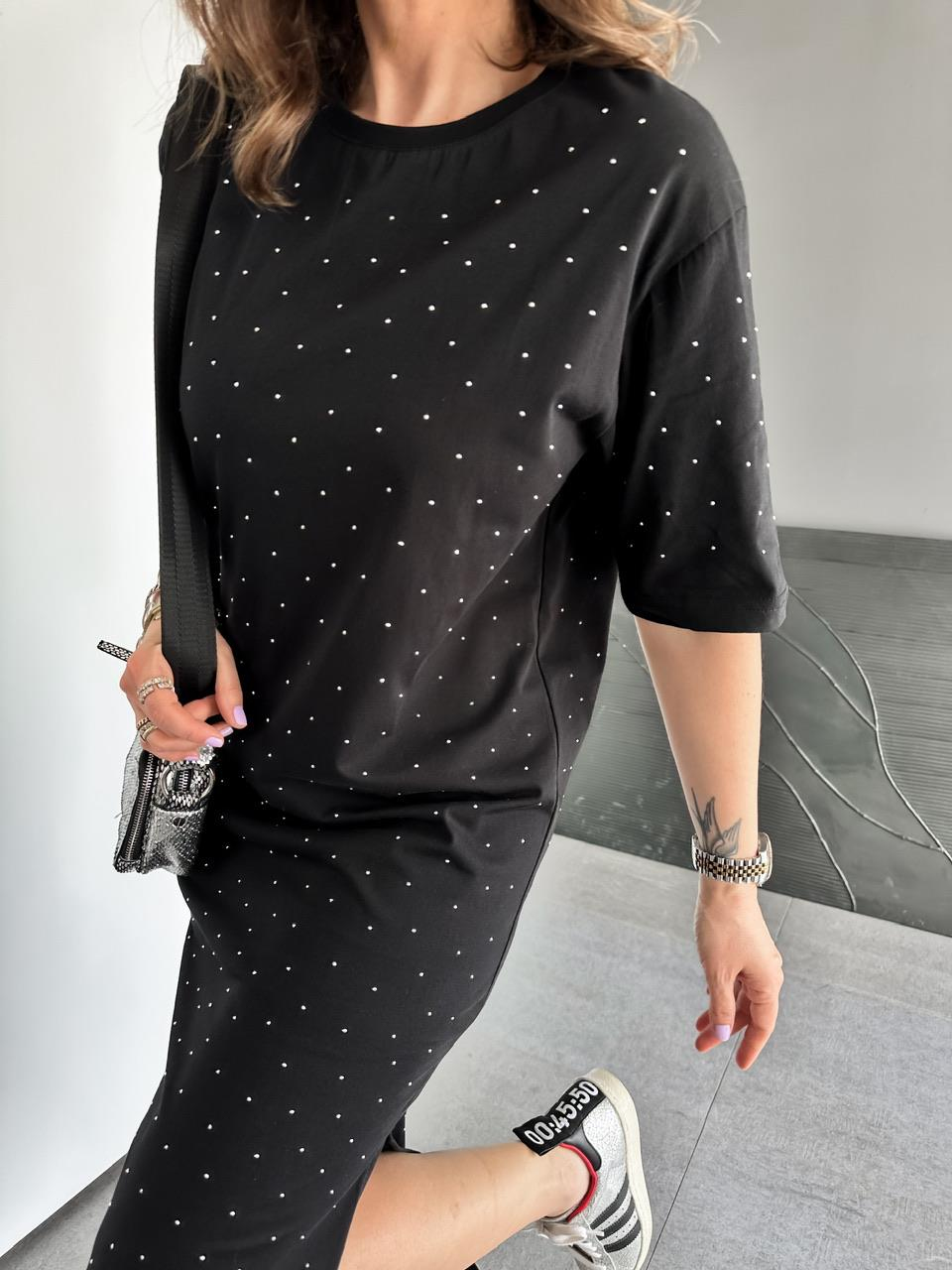 Siyah Serpme Taşlı Cotton Elbise