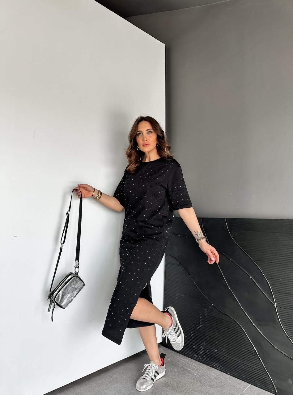Siyah Serpme Taşlı Cotton Elbise