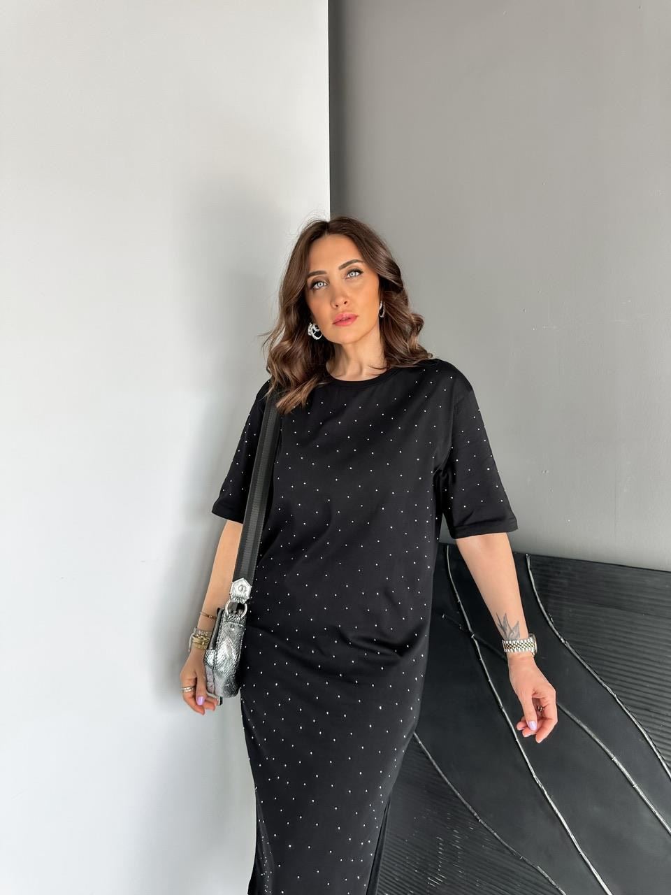 Siyah Serpme Taşlı Cotton Elbise