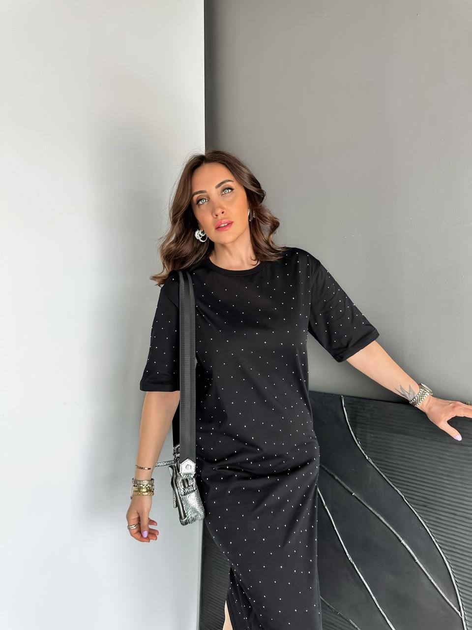 Siyah Serpme Taşlı Cotton Elbise