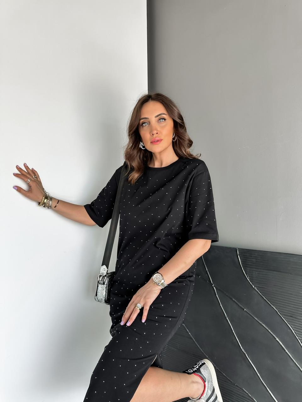 Siyah Serpme Taşlı Cotton Elbise