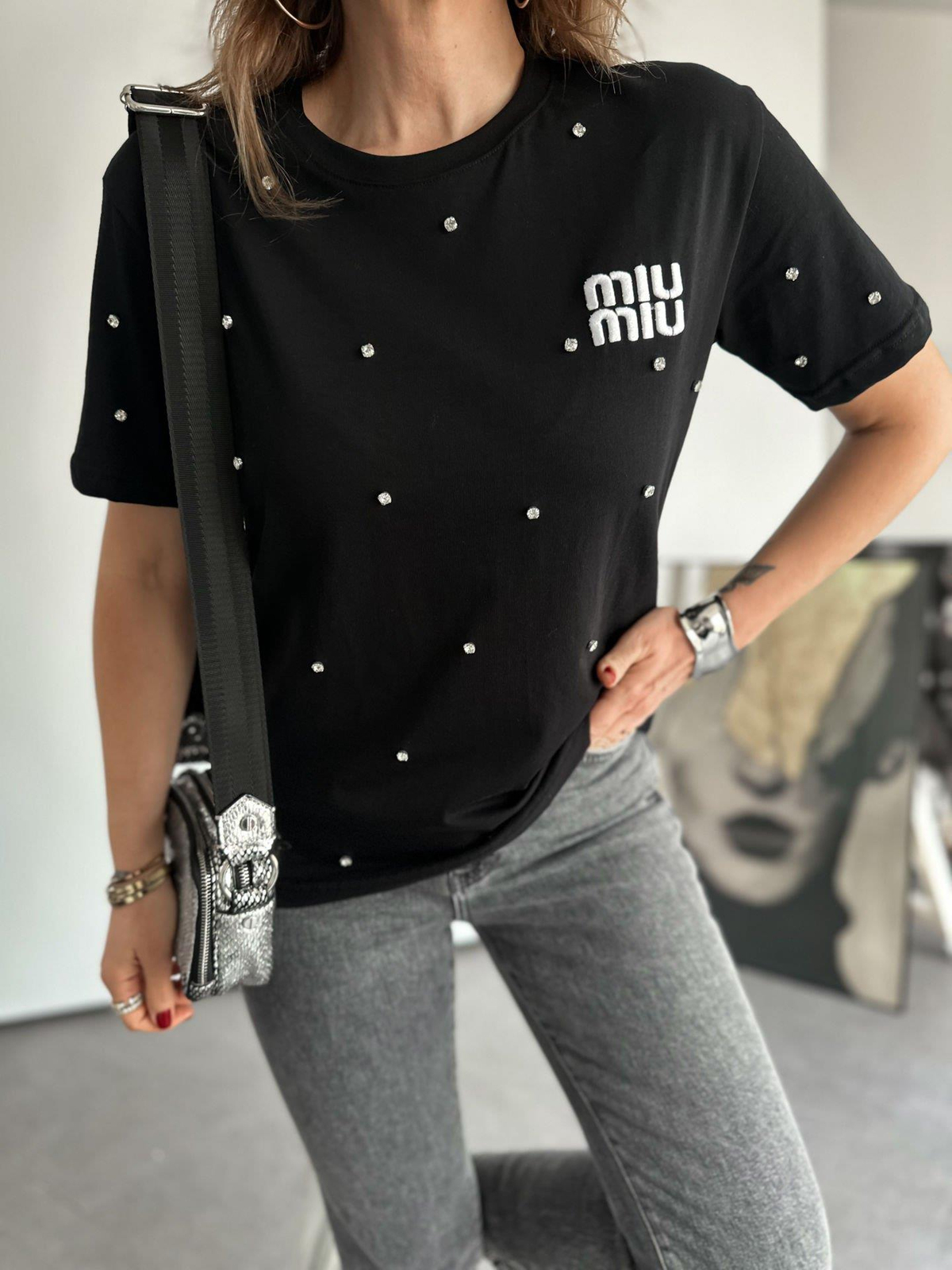Siyah Serpme Taşlı Miu Tshirt
