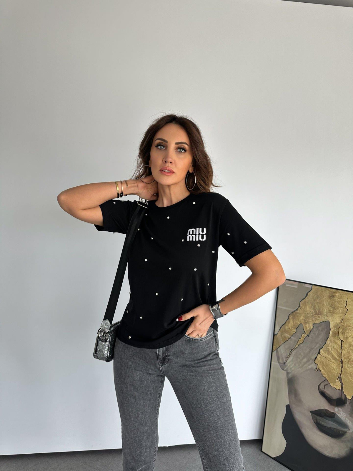 Siyah Serpme Taşlı Miu Tshirt