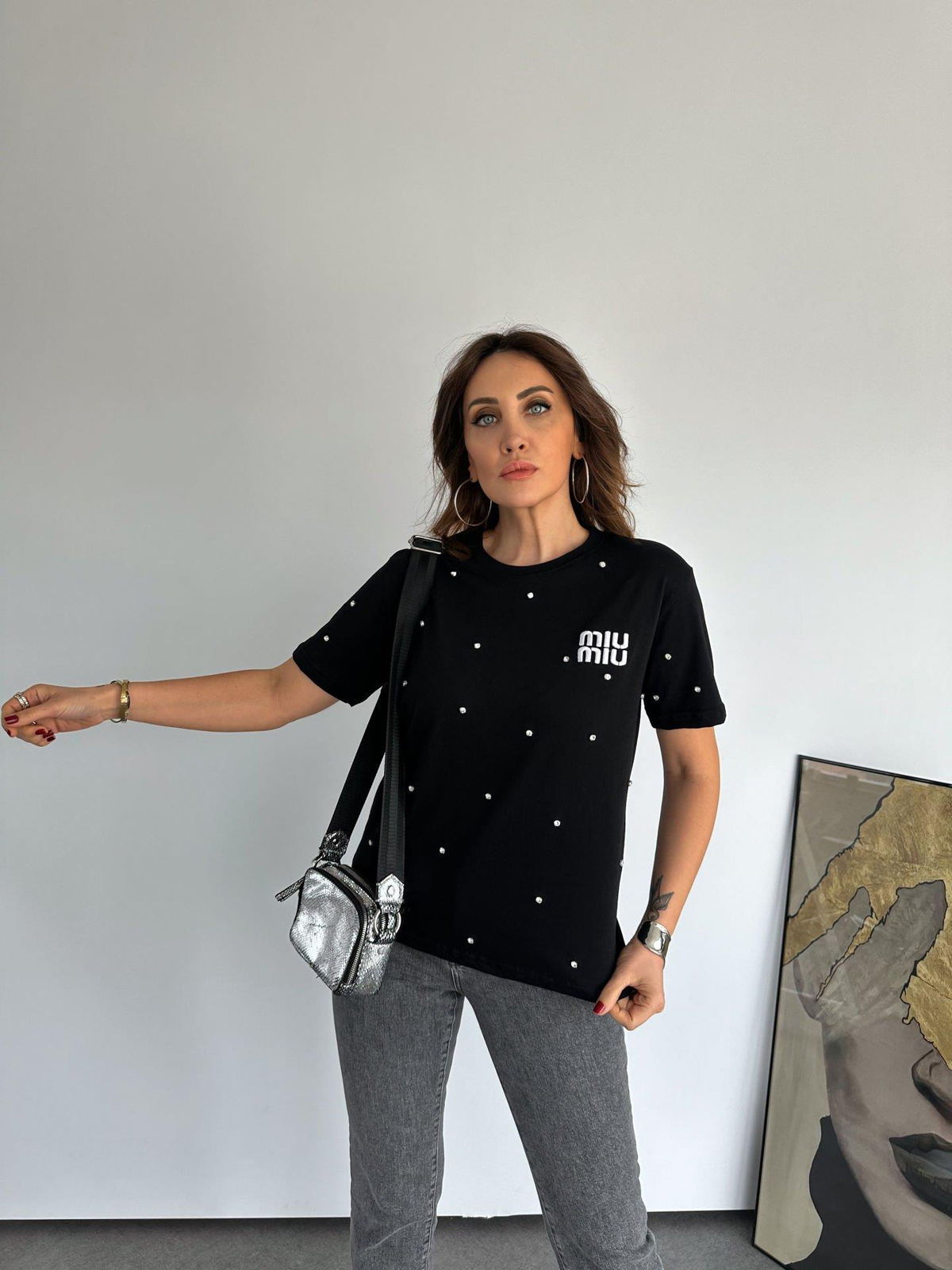 Siyah Serpme Taşlı Miu Tshirt