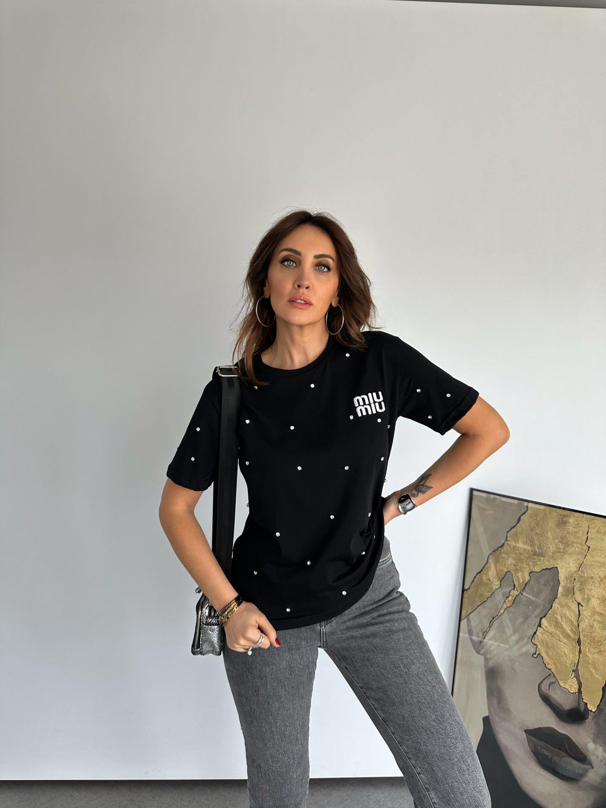 Siyah Serpme Taşlı Miu Tshirt