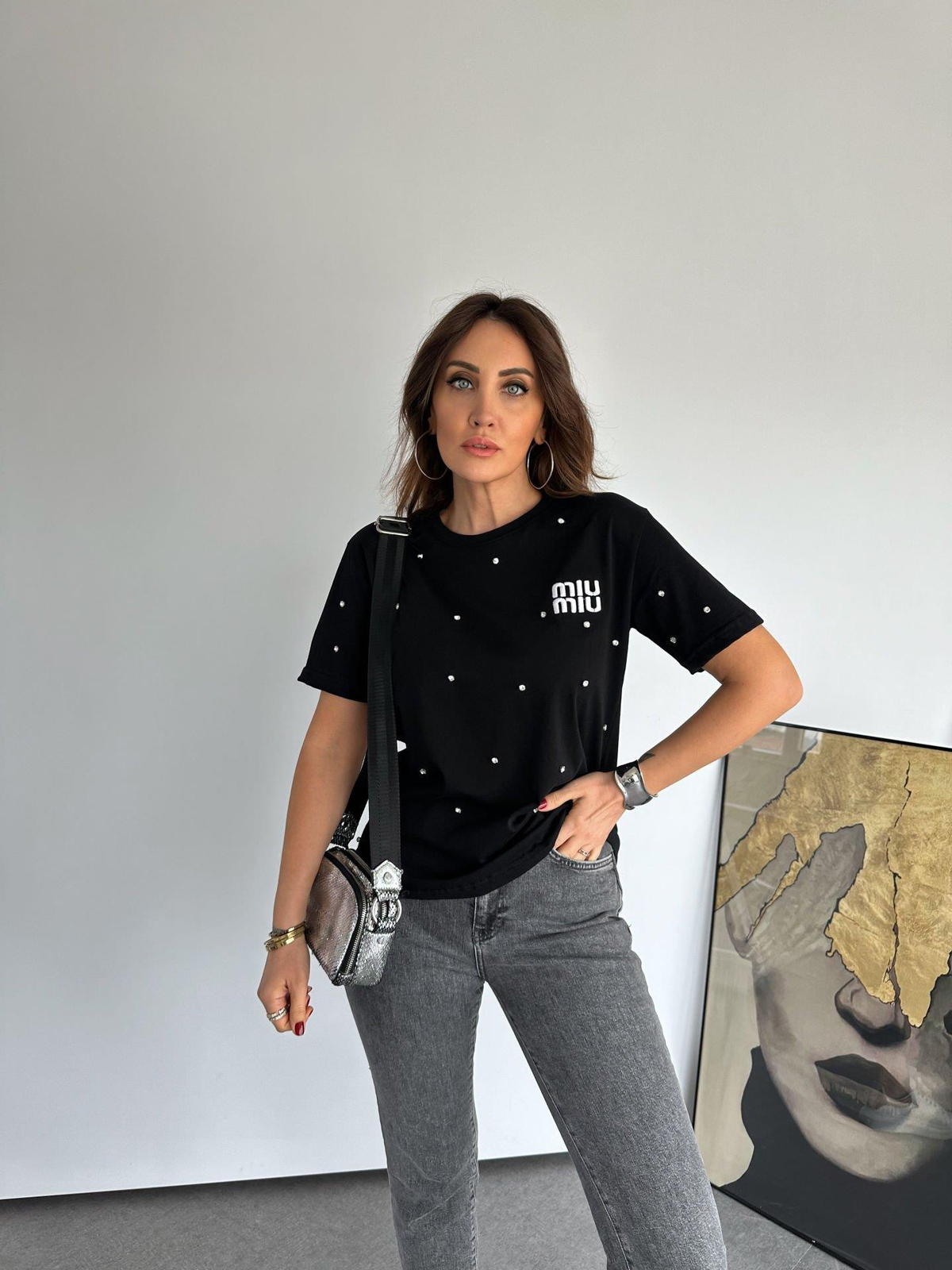 Siyah Serpme Taşlı Miu Tshirt
