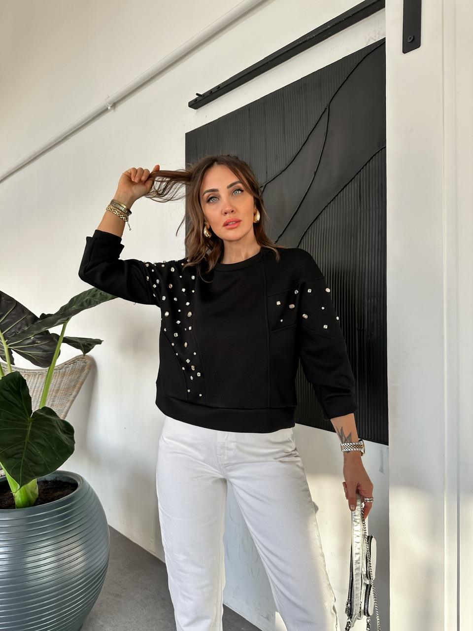 Siyah Serpme Taşlı Modal Sweatshirt