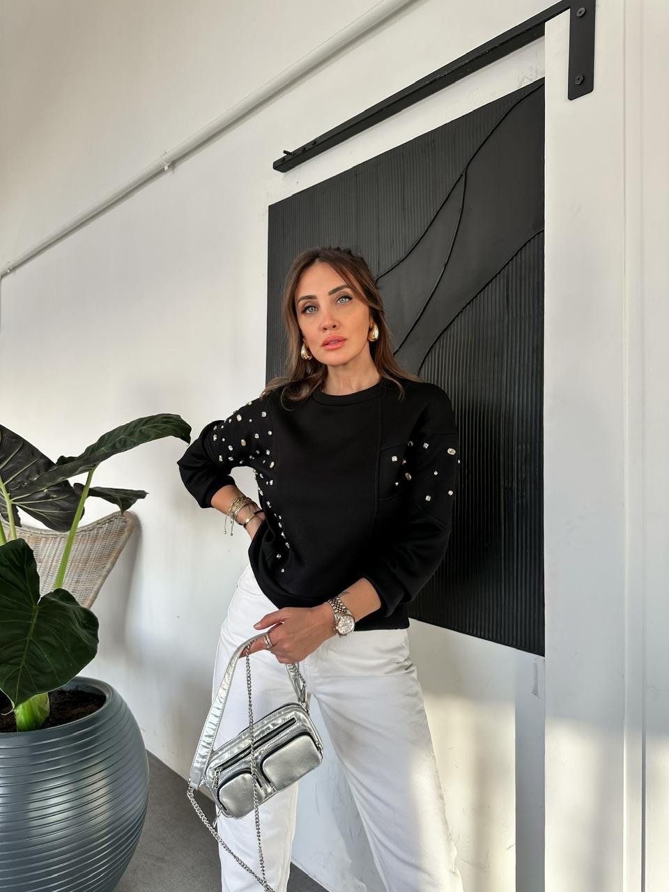 Siyah Serpme Taşlı Modal Sweatshirt