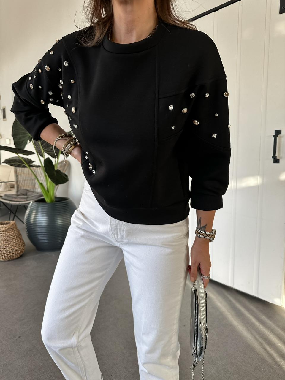 Siyah Serpme Taşlı Modal Sweatshirt