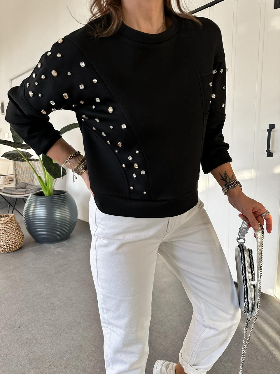 Siyah Serpme Taşlı Modal Sweatshirt