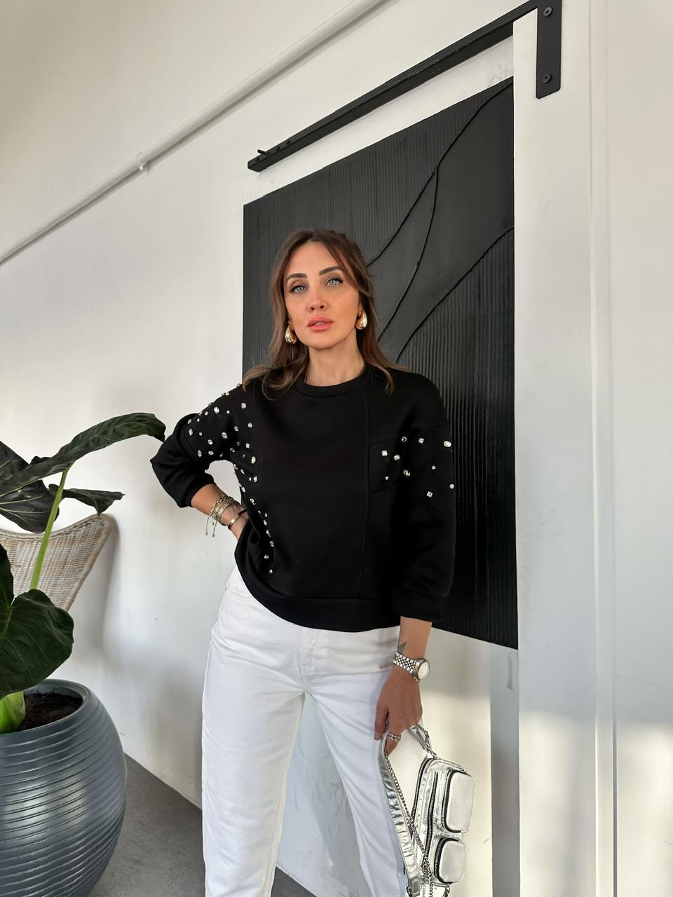 Siyah Serpme Taşlı Modal Sweatshirt