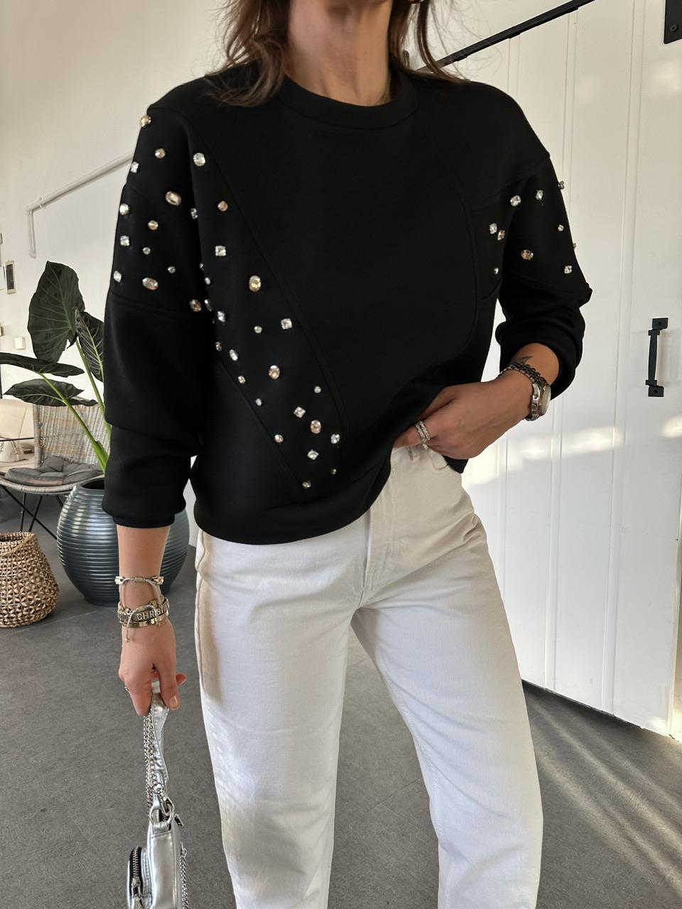 Siyah Serpme Taşlı Modal Sweatshirt
