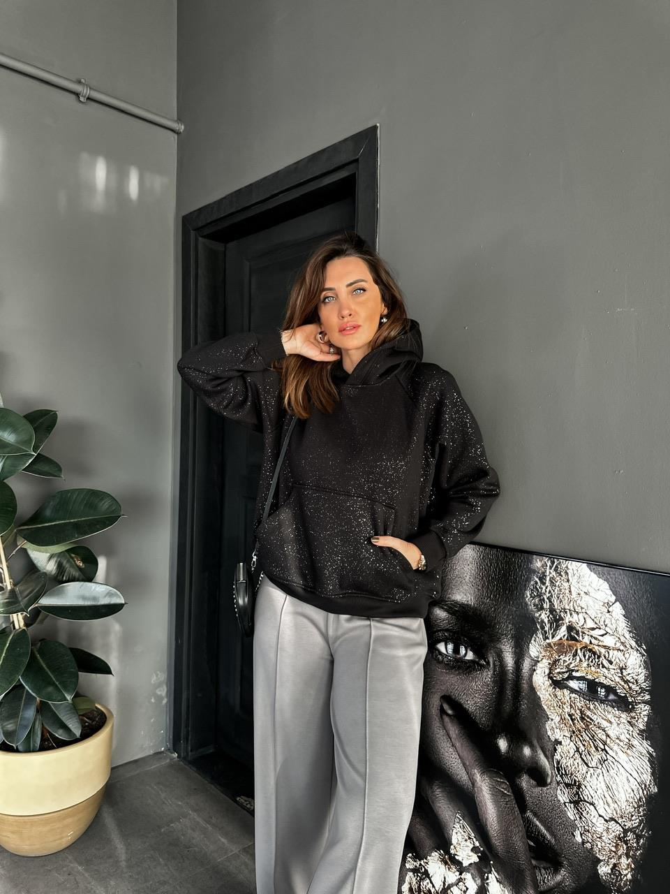Siyah Simli Kapşonlu Sweatshirt