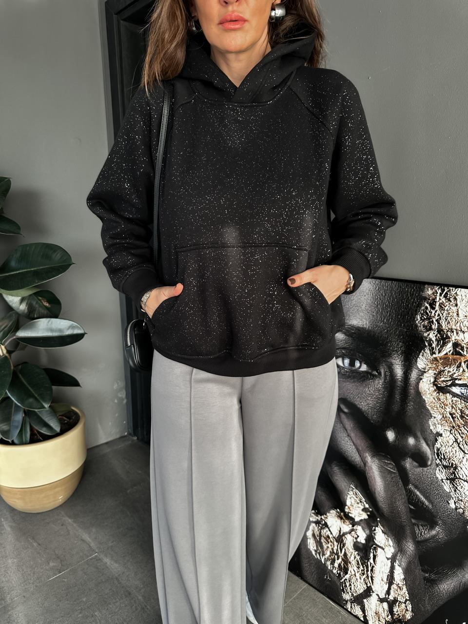 Siyah Simli Kapşonlu Sweatshirt