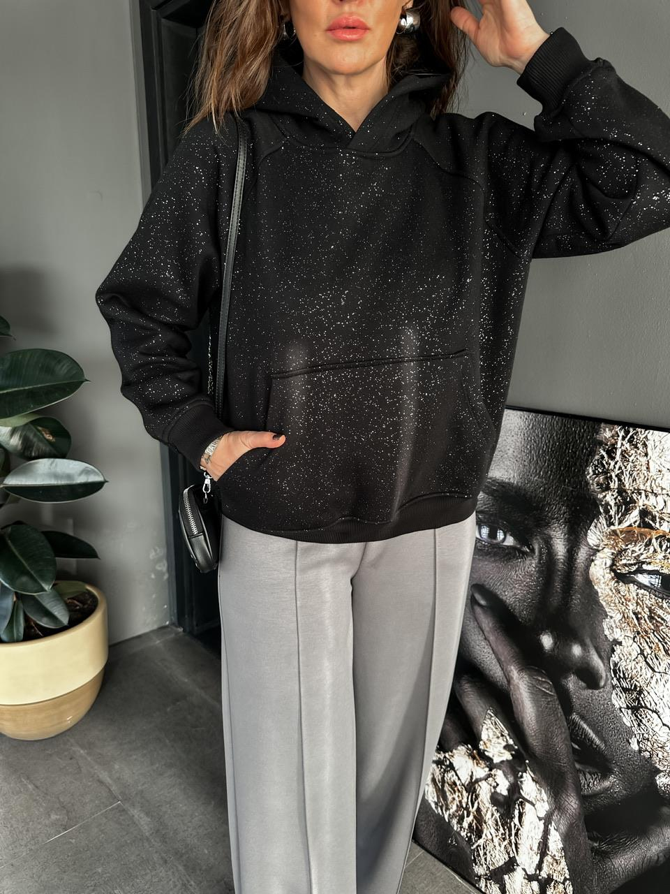 Siyah Simli Kapşonlu Sweatshirt