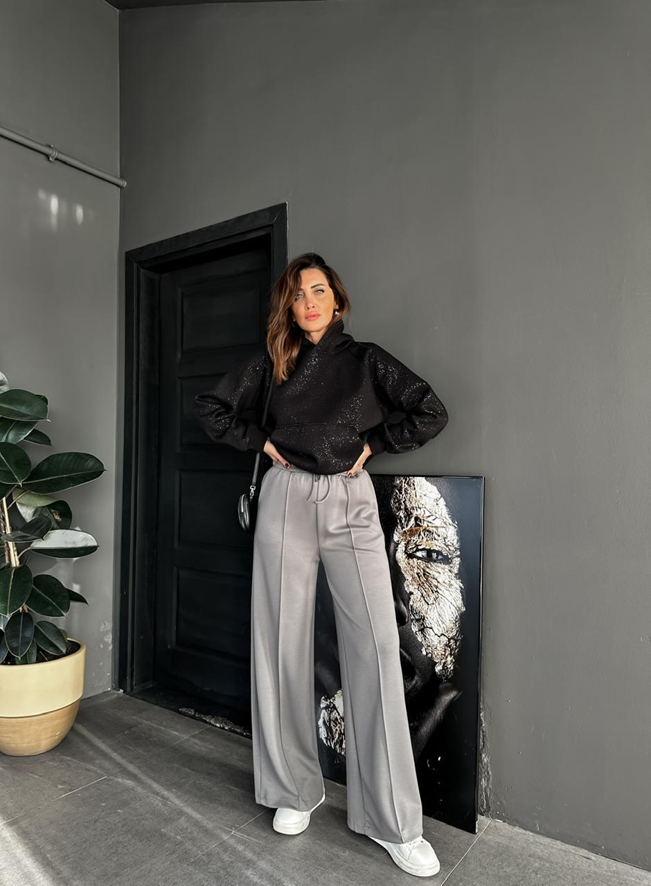Siyah Simli Kapşonlu Sweatshirt