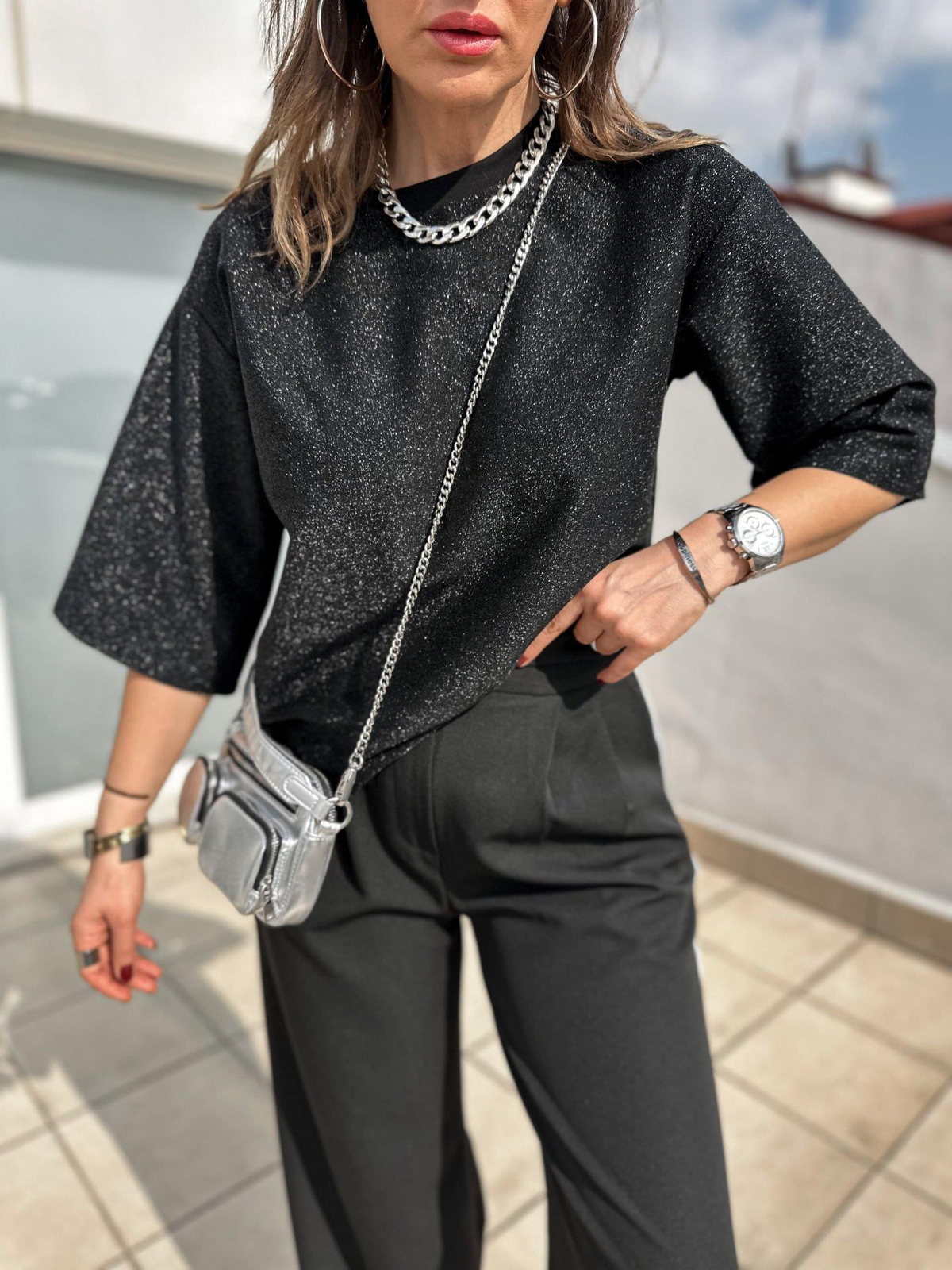 Siyah Simli Oversize Tshirt