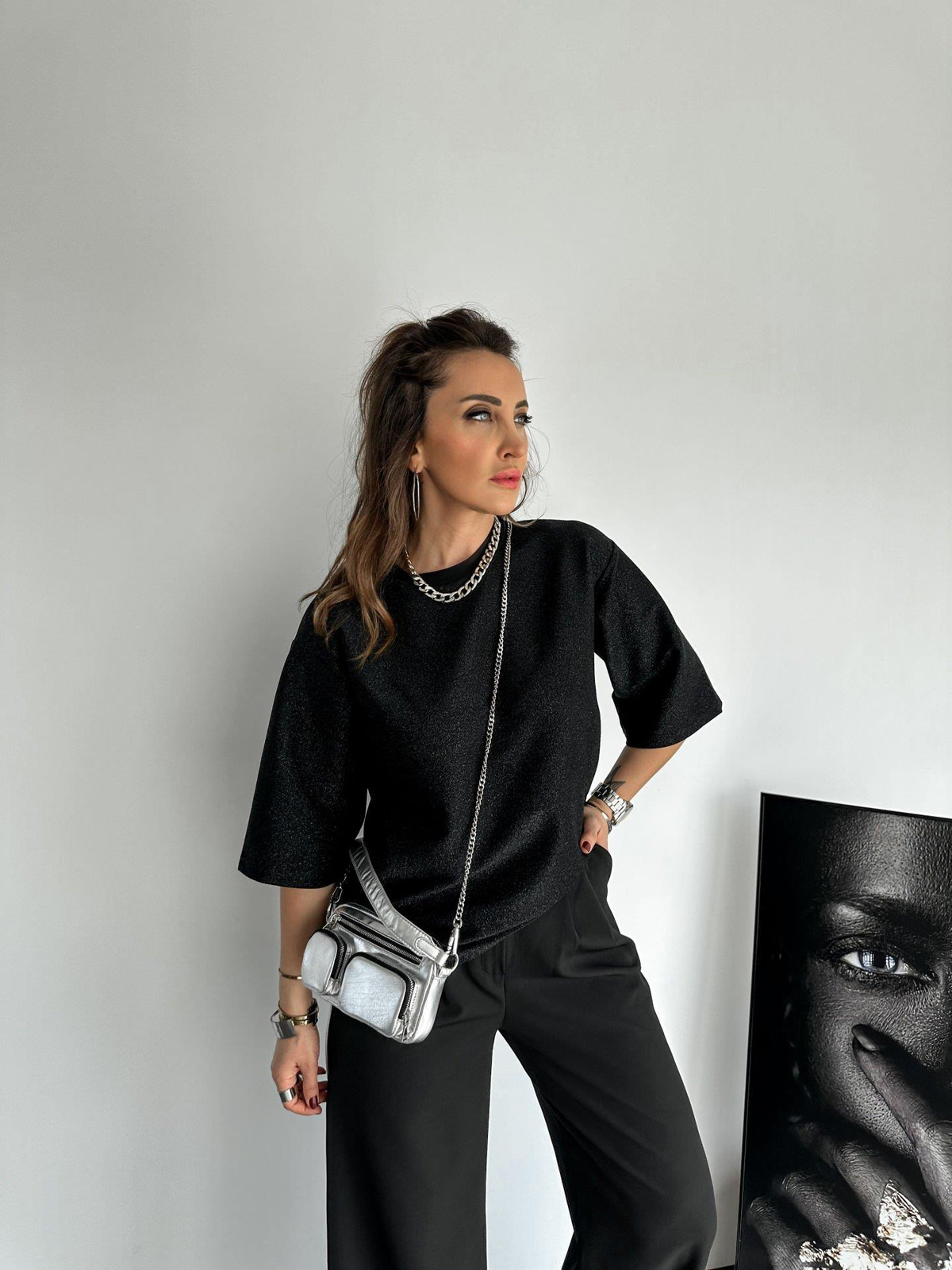 Siyah Simli Oversize Tshirt