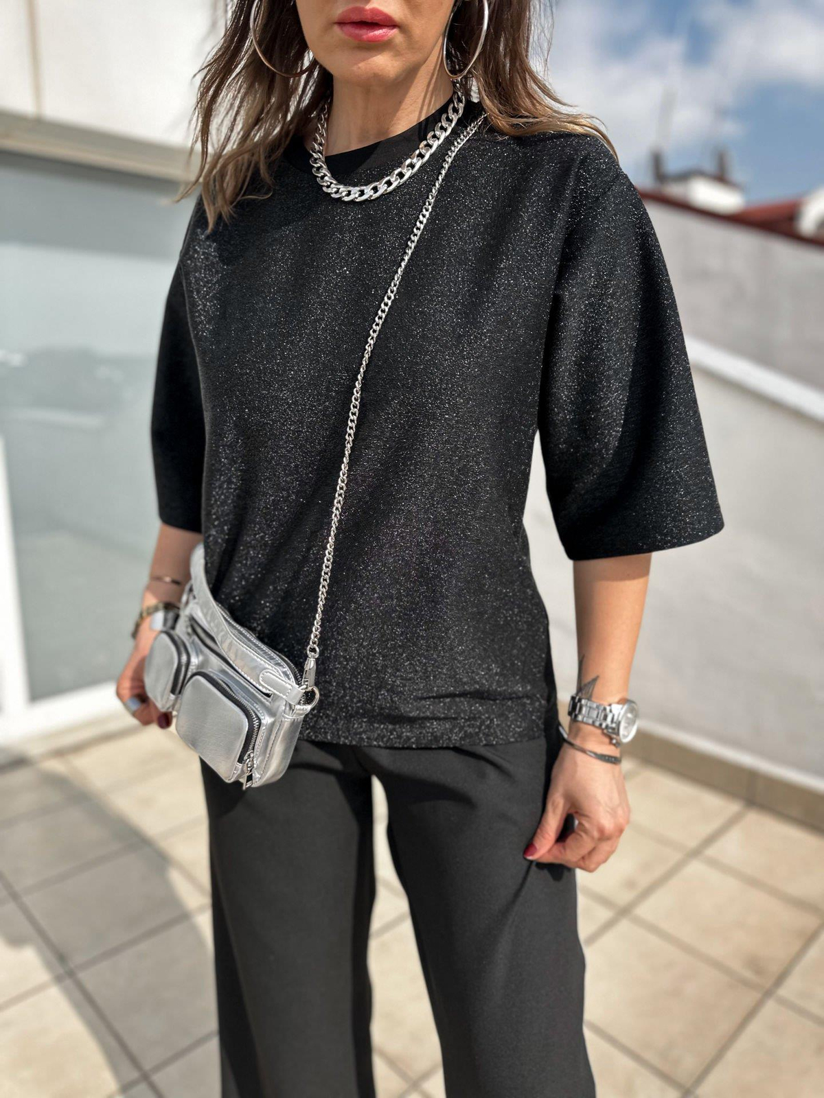 Siyah Simli Oversize Tshirt